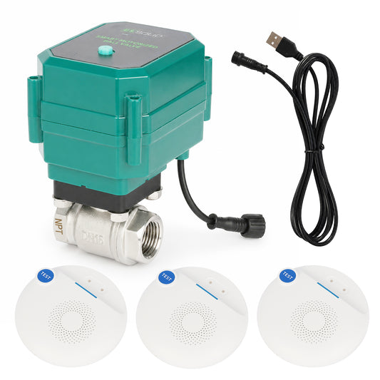 Intelligentes WLAN-Wasserleckerkennungs- und Schutzsystem – 1/2"-Smart-Motor-Kugelhahn aus Edelstahl mit 3 WLAN-Sensoren