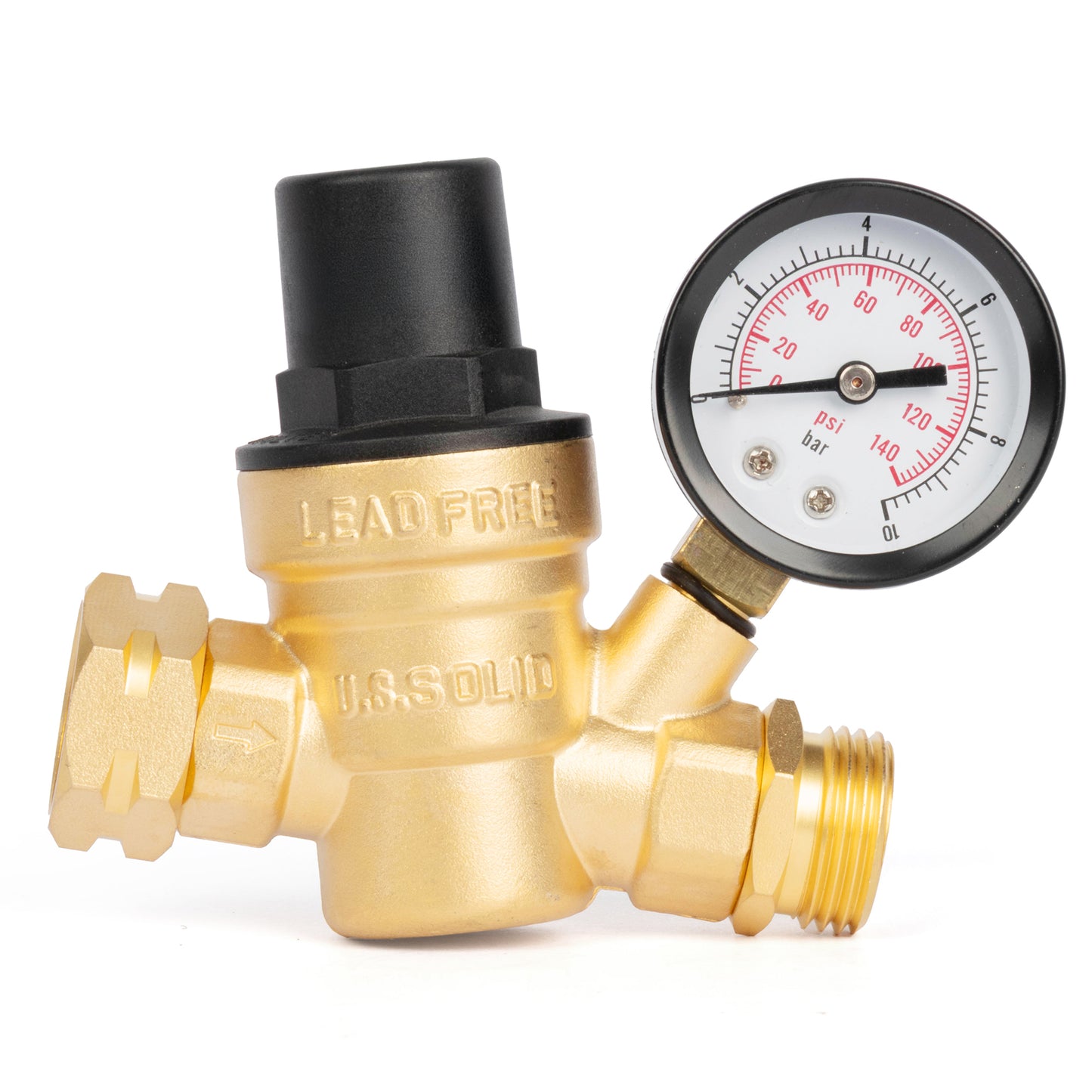 3/4" GHT RV Water Pressure Regulator - Screwdriver Adjustable, Brass, with Gauge & Inlet Filter