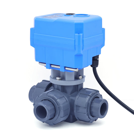 UPVC 3-Way Motorized Ball Valve (L Type), Union & Socket End, 2 Wire Auto Return, DC 24V, with Manual Override