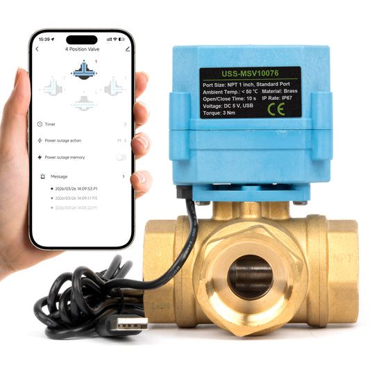 Válvula de esfera motorizada inteligente WiFi de 1", 3 vias e 4 posições, em latão, alimentada por USB, com indicador de status LED e janela de direção do fluxo.