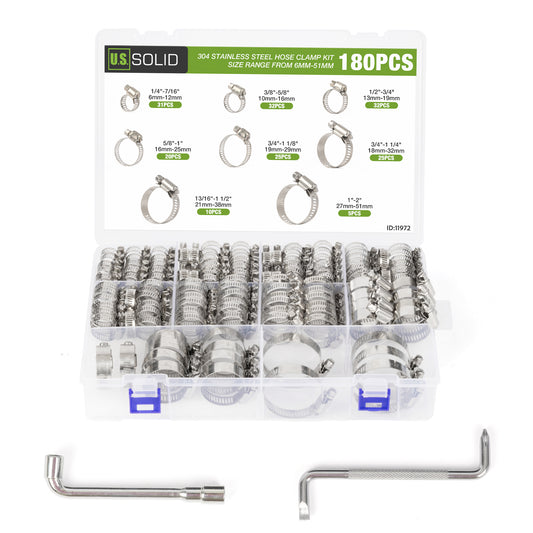 1/4"–2" (6–51mm) Hose Clamp Assortment Kit, 180 PCS Stainless Steel Worm Gear Clamps