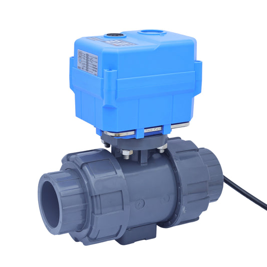 1-1/4" Double Union UPVC Motorized Ball Valve - DC 24V, 2-Wire Auto Return, Normally Closed with Manual Override & EPDM Seal