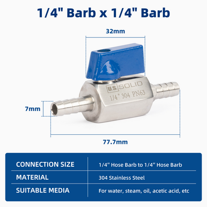1/4" Mini Ball Valve 304 Stainless Steel Hose Barb Shut-Off Valve 2PCS