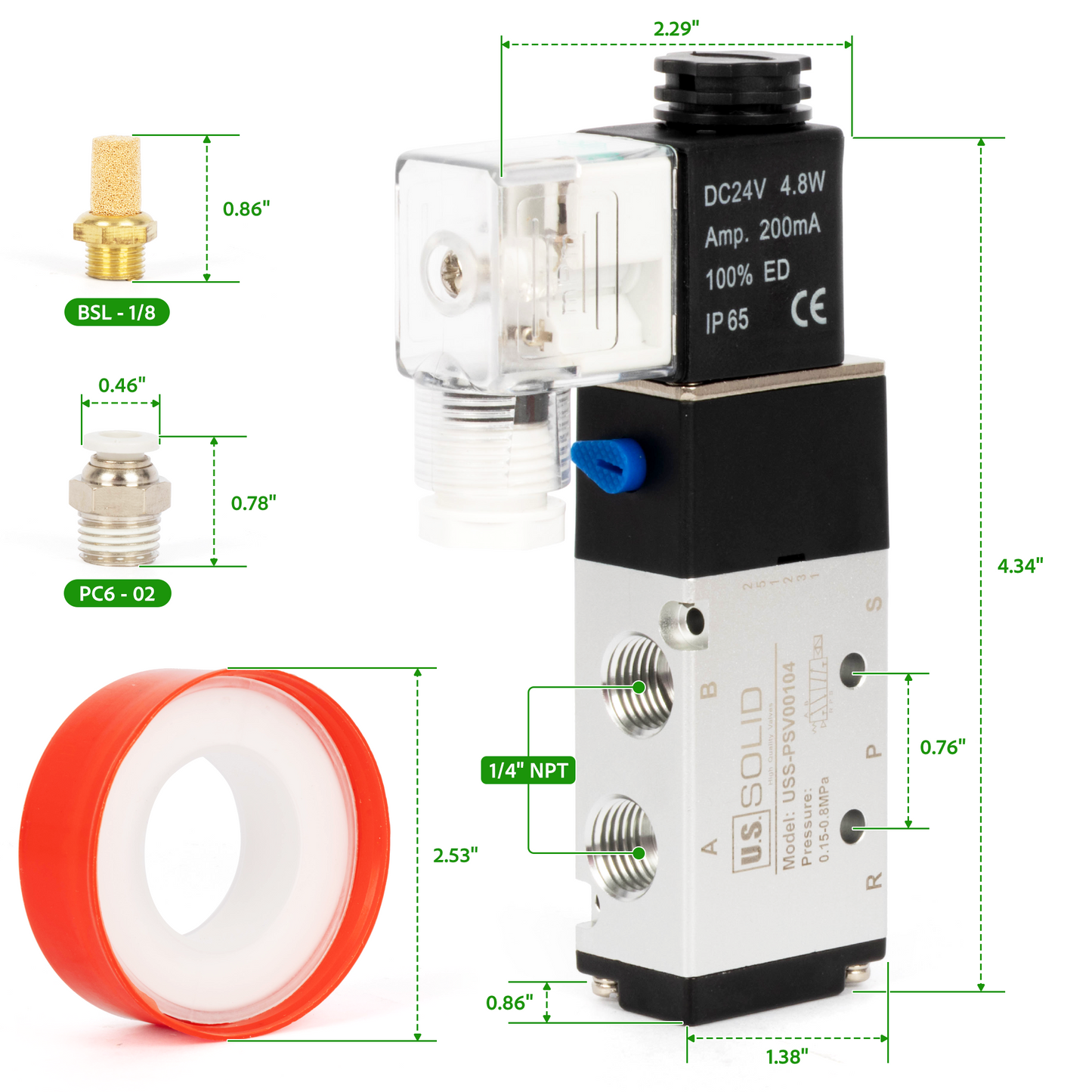 U.S. Solid 1/4인치 5방향 2위치 공압 솔레노이드 밸브, DC 24V, 상시 닫힘, 부속품 및 소음기 포함