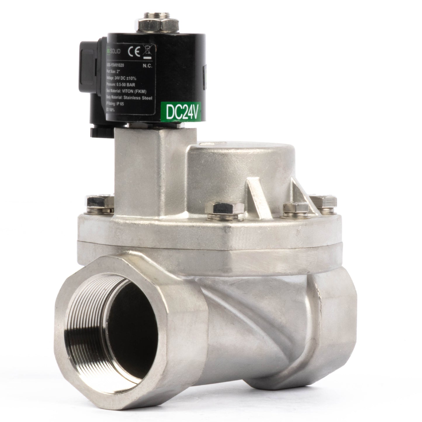 Électrovanne haute température - 50 mm (2") en acier inoxydable, 50 bar (725 PSI), 24 V CC, 150 °C (302 °F), normalement fermée, joint VITON