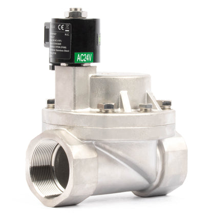 Électrovanne haute température - 50 mm (2") en acier inoxydable, 50 bar (725 PSI), 24 V CA, 150 °C (302 °F), normalement fermée, joint VITON