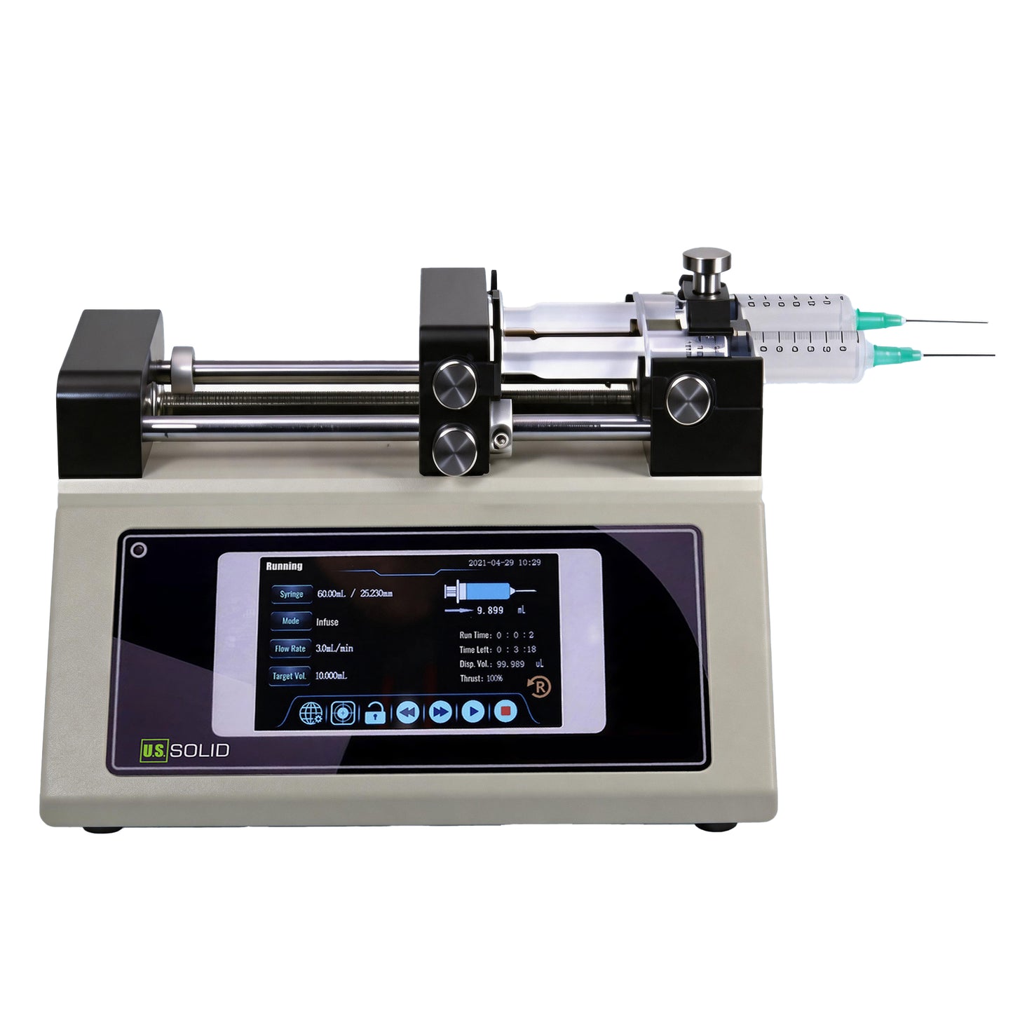 Bomba de jeringa inteligente de doble canal, infusión/extracción, pantalla táctil de 5 pulgadas, precisión ≤ ±0,1 %, 0,0007 nL/min～109,1360 mL/min