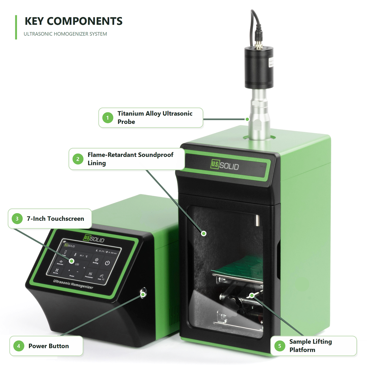 U.S. Solid Ultralydshomogenisator - 950 W, 50-1200 ml, laboratoriecellebryder og mixer, sonikator, berøringsskærm