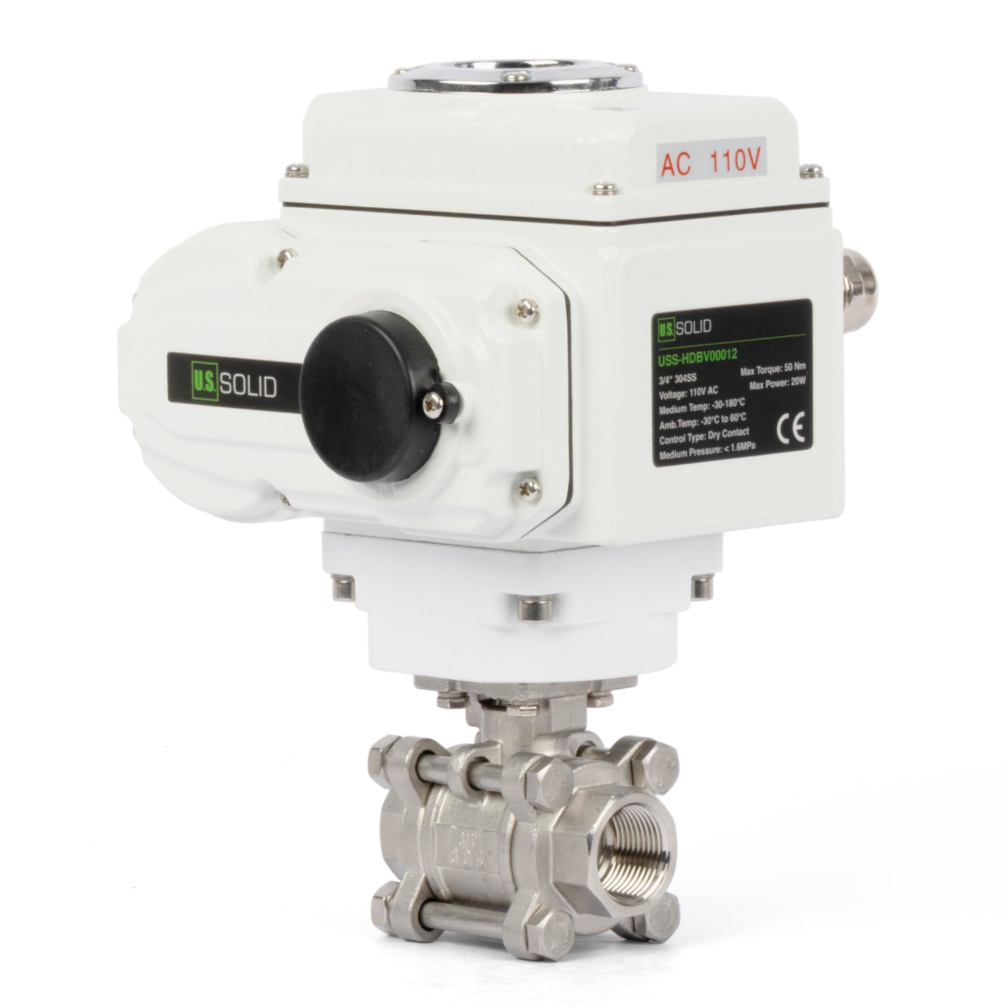 3/4" Electric Actuated Ball Valve, 110V AC Heavy Duty 3-Piece Industrial Ball Valve,304SS, ON/OFF Type, Dry Contact