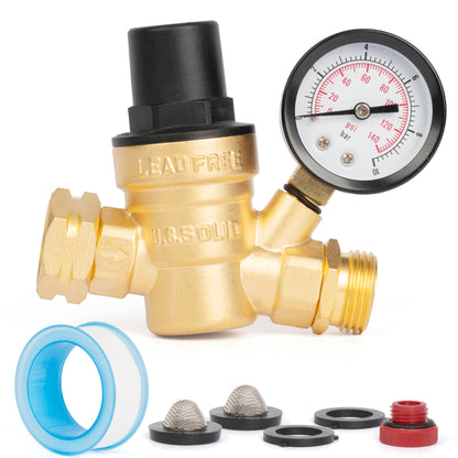 3/4" GHT RV Water Pressure Regulator - Screwdriver Adjustable, Brass, with Gauge & Inlet Filter