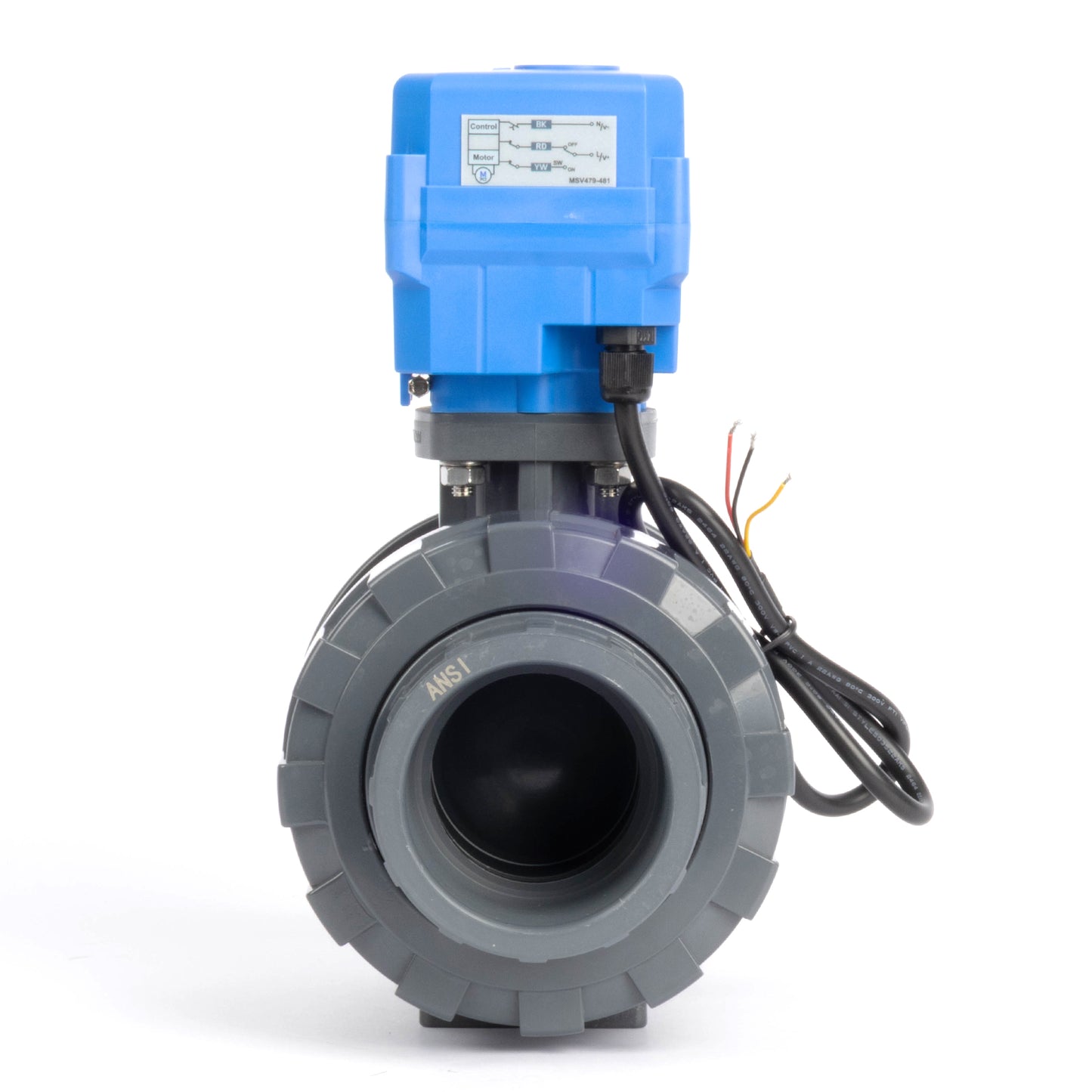 2" dobbelunion UPVC motorisert kuleventil - DC 24V, 3-leder dobbelkontroll, med manuell overstyring og EPDM-tetning