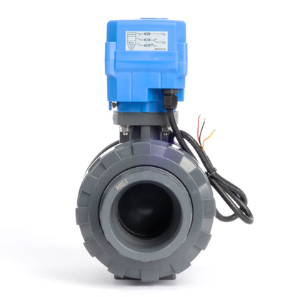 2" dobbelunion UPVC motorisert kuleventil - DC 24V, 3-leder dobbelkontroll, med manuell overstyring og EPDM-tetning