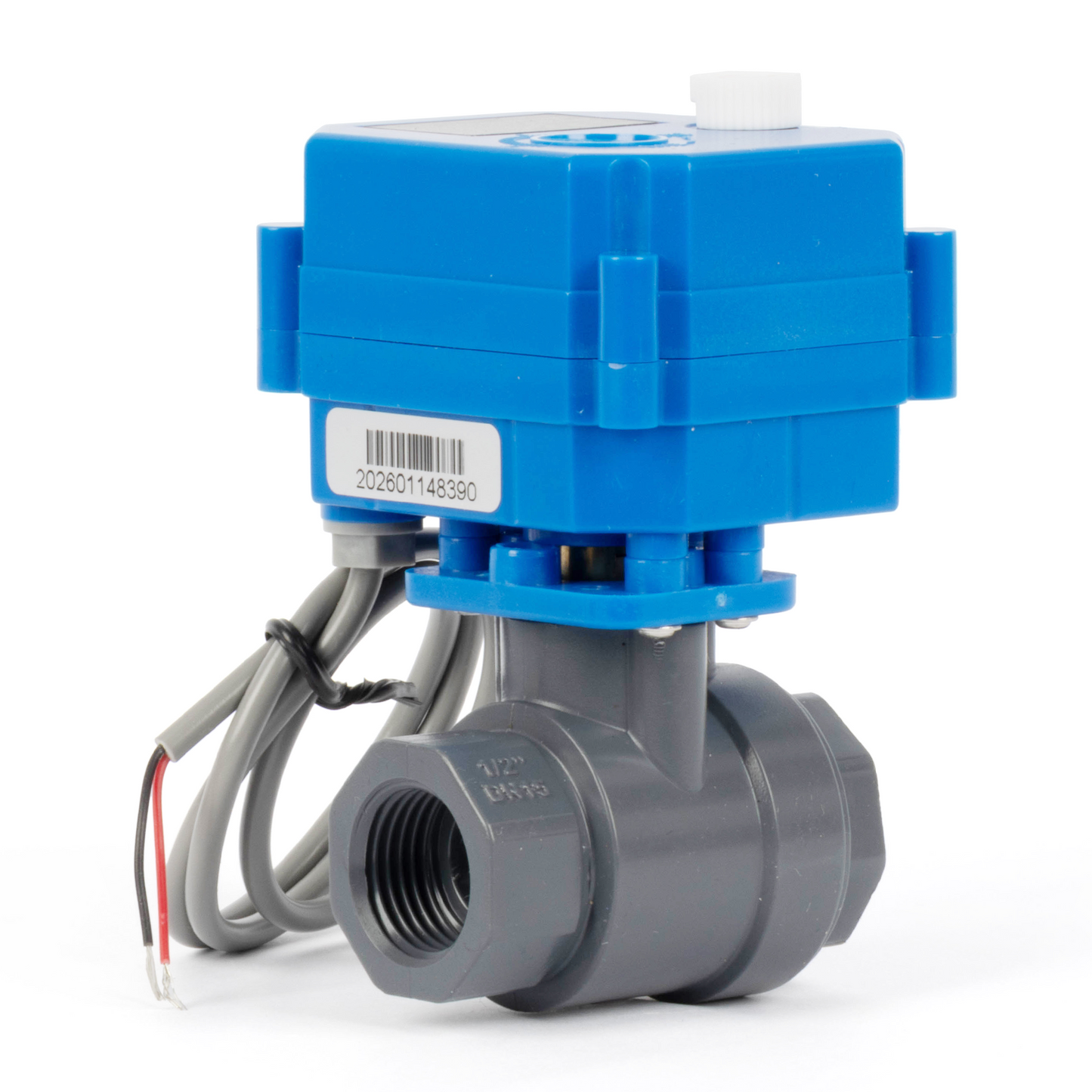 1/2" UPVC motoriseret kugleventil - 2-tråds automatisk returløb med manuel funktion, 9-36V AC/DC, normalt lukket