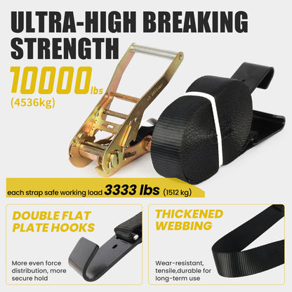 4-Pack 2 in x 29.5 ft Ratchet Tie Down Straps, 10,000 lb Break Strength, Double Flat Plate Hooks