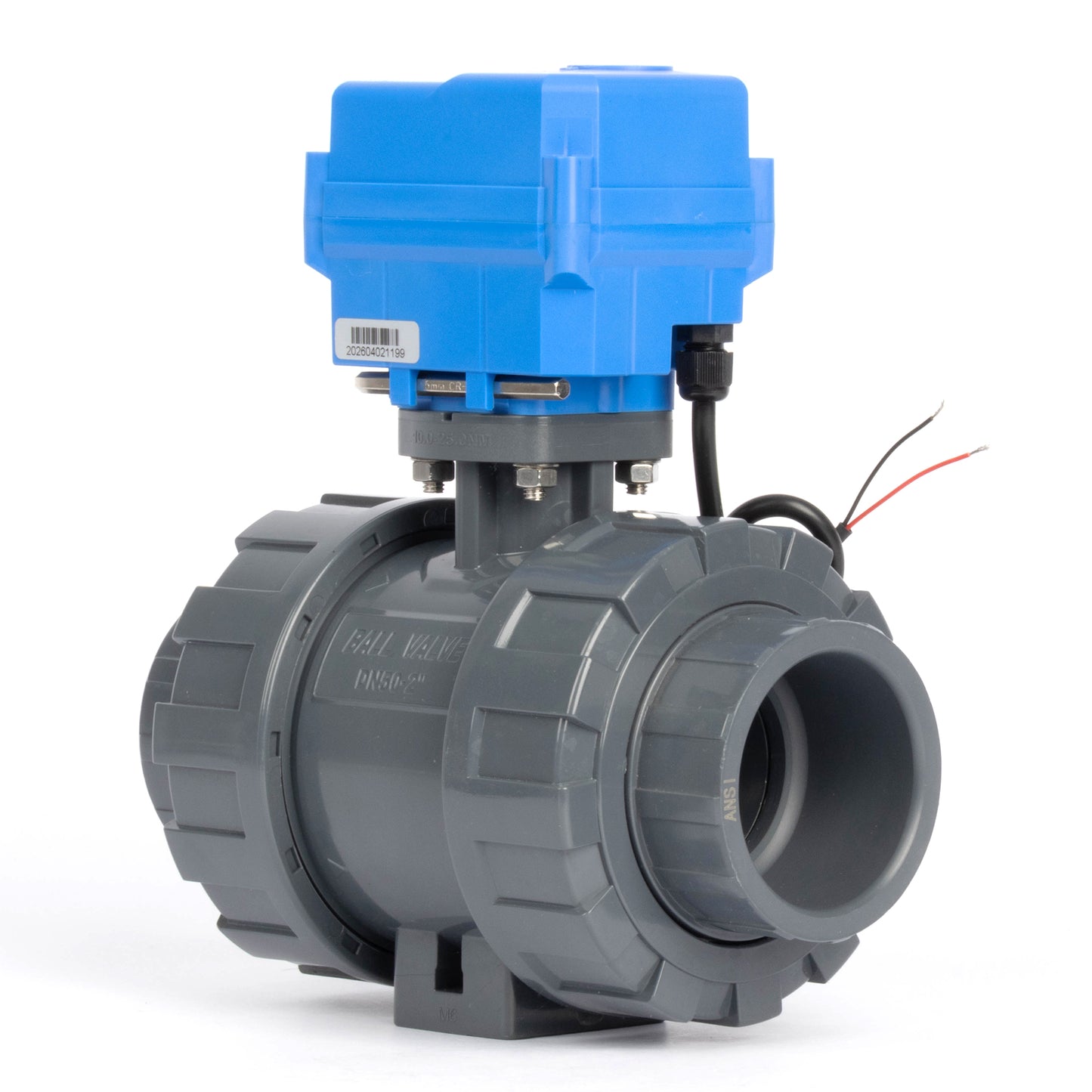 2" dobbelunion UPVC motorisert kuleventil - DC 24V, 2-leders automatisk retur, normalt lukket med manuell overstyring og EPDM-tetning