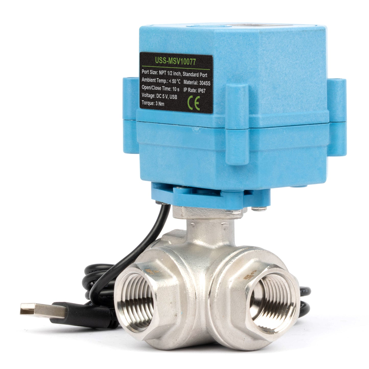 1/2" WiFi Älykäs moottoroitu palloventtiili, 3-tie 4-asentoinen ruostumaton teräs 304, USB-virtalähde, LED-tilanilmaisin, virtaussuunnan ikkuna, NSF-sertifioitu