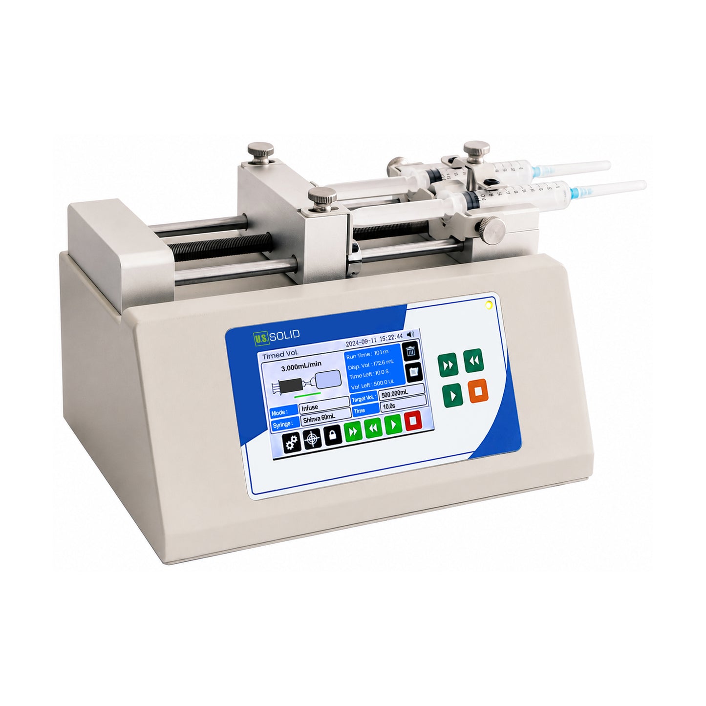 Dual-Channel Smart Syringe Pump, Infuse/Withdraw, 4.3-inch touch screen, Accuray ≤ ±0.1%, 0.0031 nL/min – 109.136 mL/min