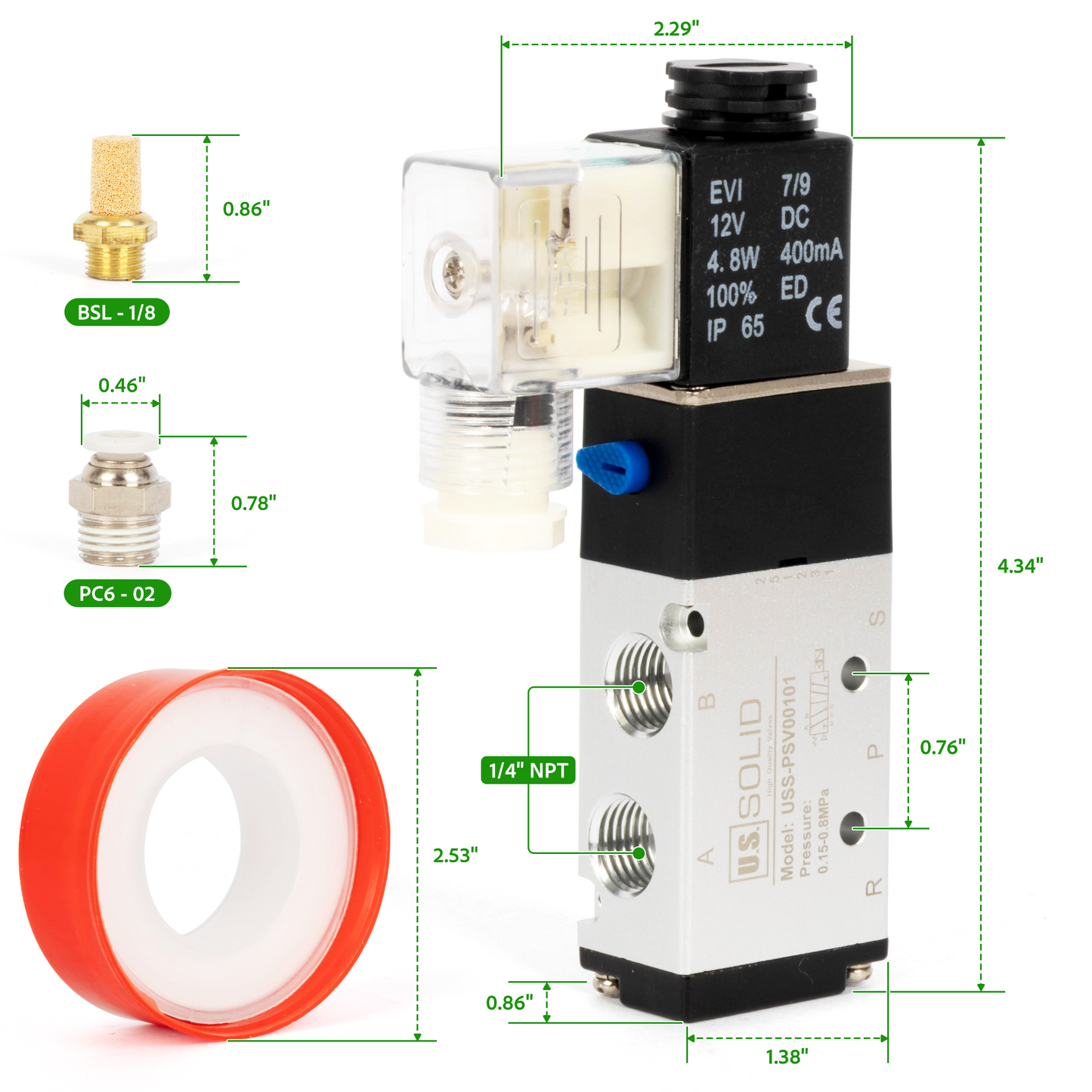 U.S. Solid 1/4인치 5방향 2위치 공압 솔레노이드 밸브, DC 12V, 상시 닫힘, 부속품 및 소음기 포함