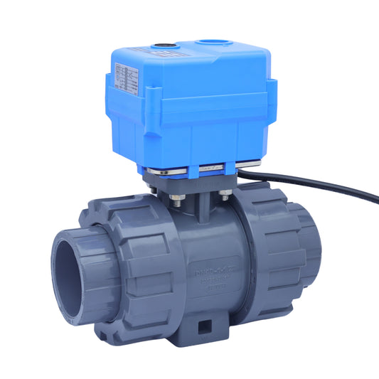 1-1/2" Double Union UPVC Motorized Ball Valve - DC 24V, 2-Wire Auto Return, Normally Closed with Manual Override & EPDM Seal