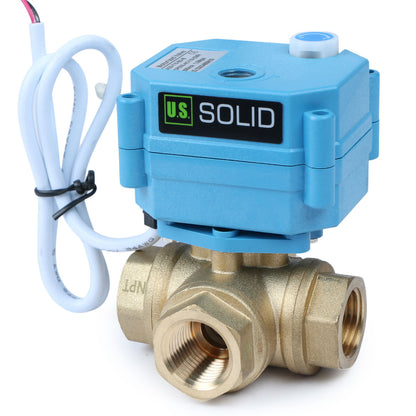 U.S. Solid 3/4" 3 Way Brass Motorized Ball Valve, AC110-230V, L Type, Standard Port, with Manual Function, IP67