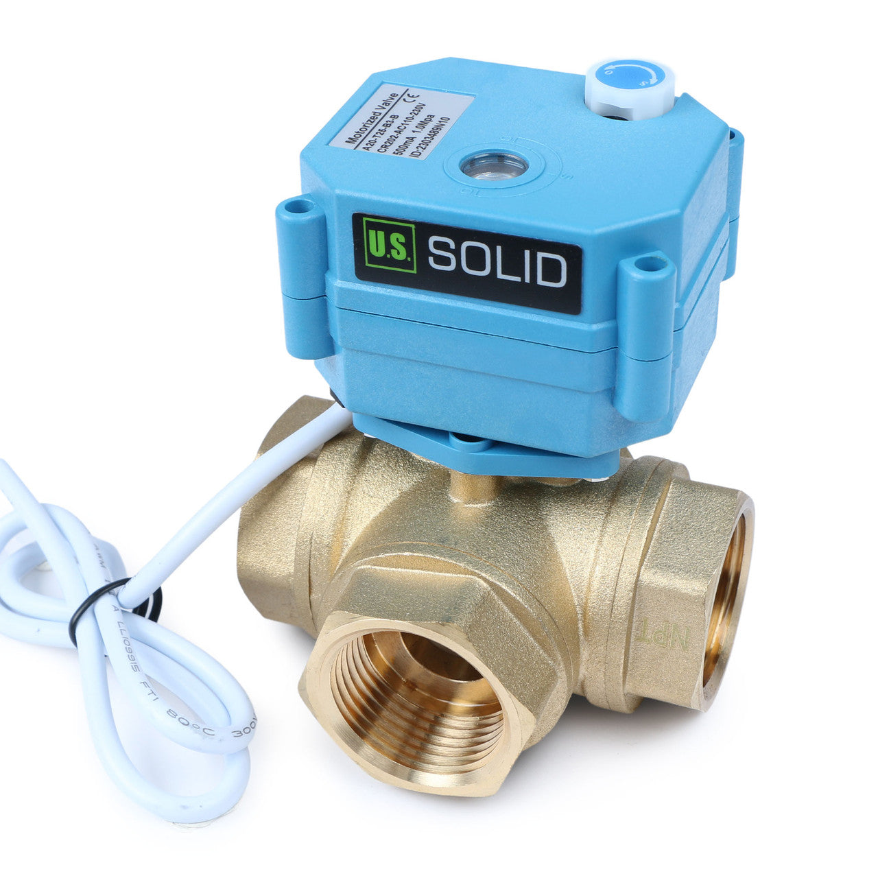 U.S. Solid 1" 3 Way Brass Motorized Ball Valve, AC110-230V, L Type, Standard Port, with Manual Function, IP67