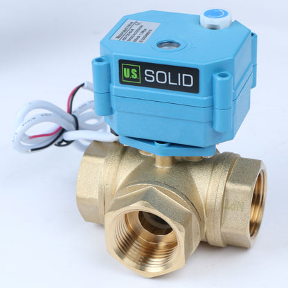 U.S. Solid 1" 3 Way Brass Motorized Ball Valve, 9-24V AC/DC, L Type, Standard Port, with Manual Function, IP67