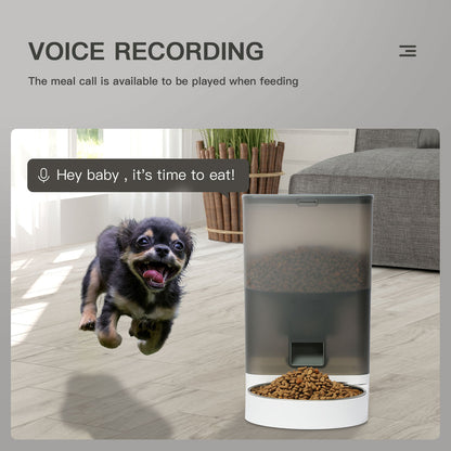 وحدة تغذية أوتوماتيكية للحيوانات الأليفة - موزع طعام للقطط والكلاب باللون الرمادي مع وعاء من الفولاذ المقاوم للصدأ ومسجل صوت وبطارية