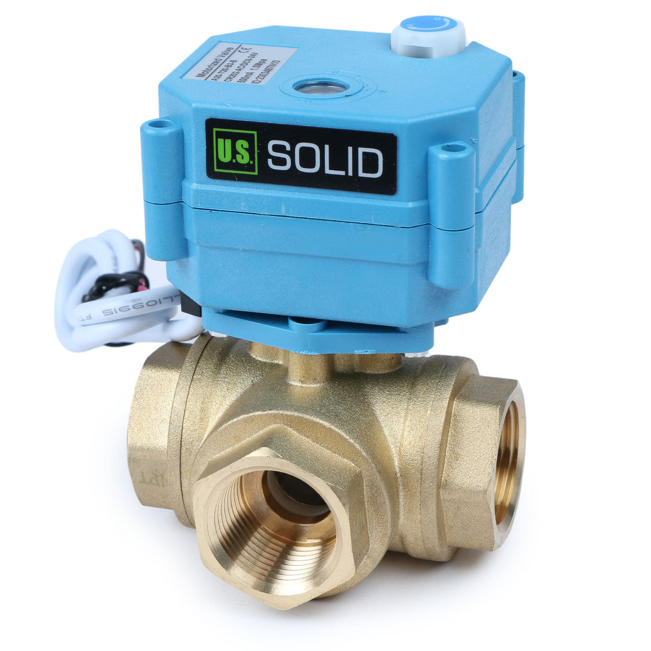 U.S. Solid 3/4" 3 Way Brass Motorized Ball Valve, 9-24V AC/DC, L Type, Standard Port, with Manual Function, IP67