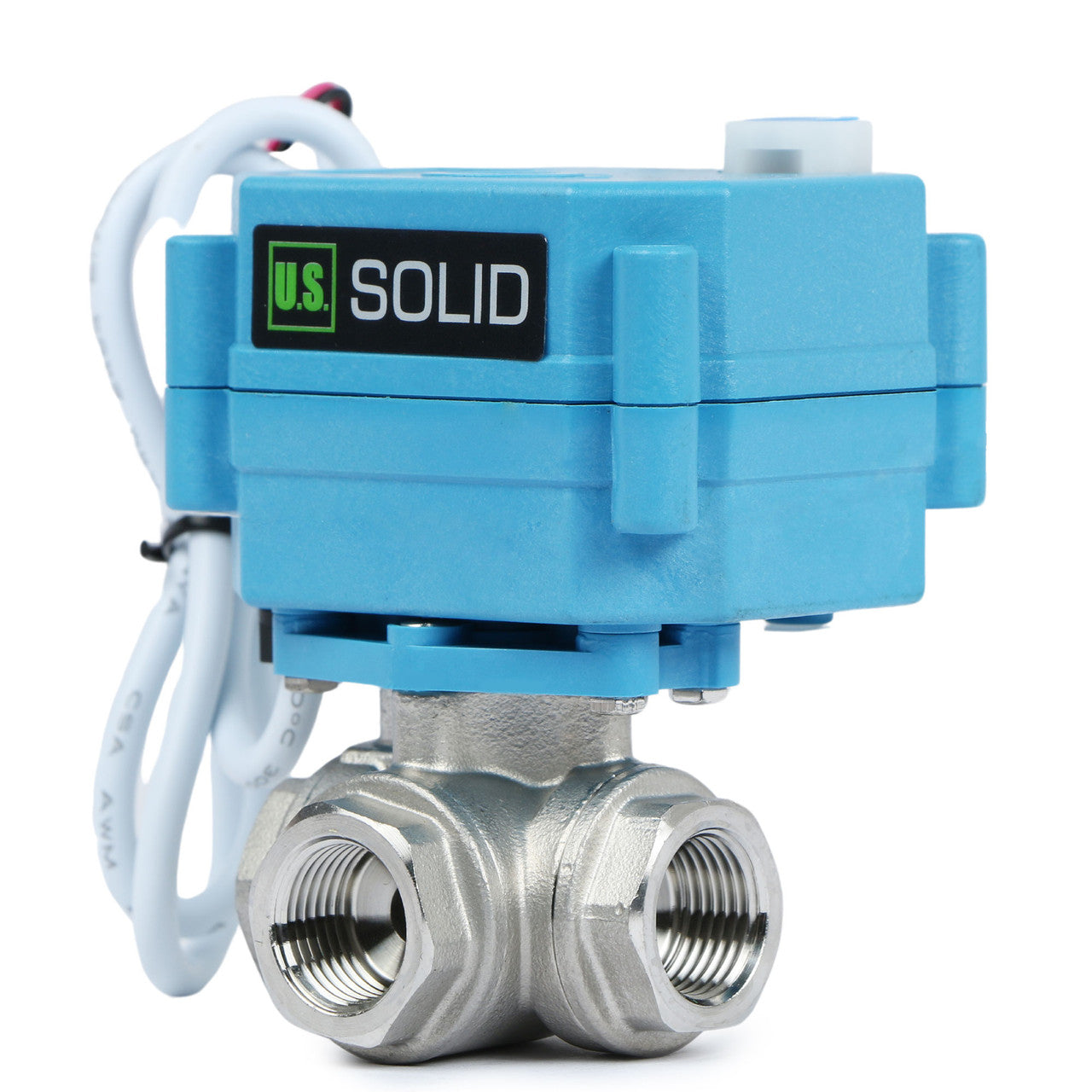 U.S. Solid 3/8" 3 Way Stainless Steel Motorized Ball Valve, AC110-230V, L Type, Standard Port, with Manual Function, IP67