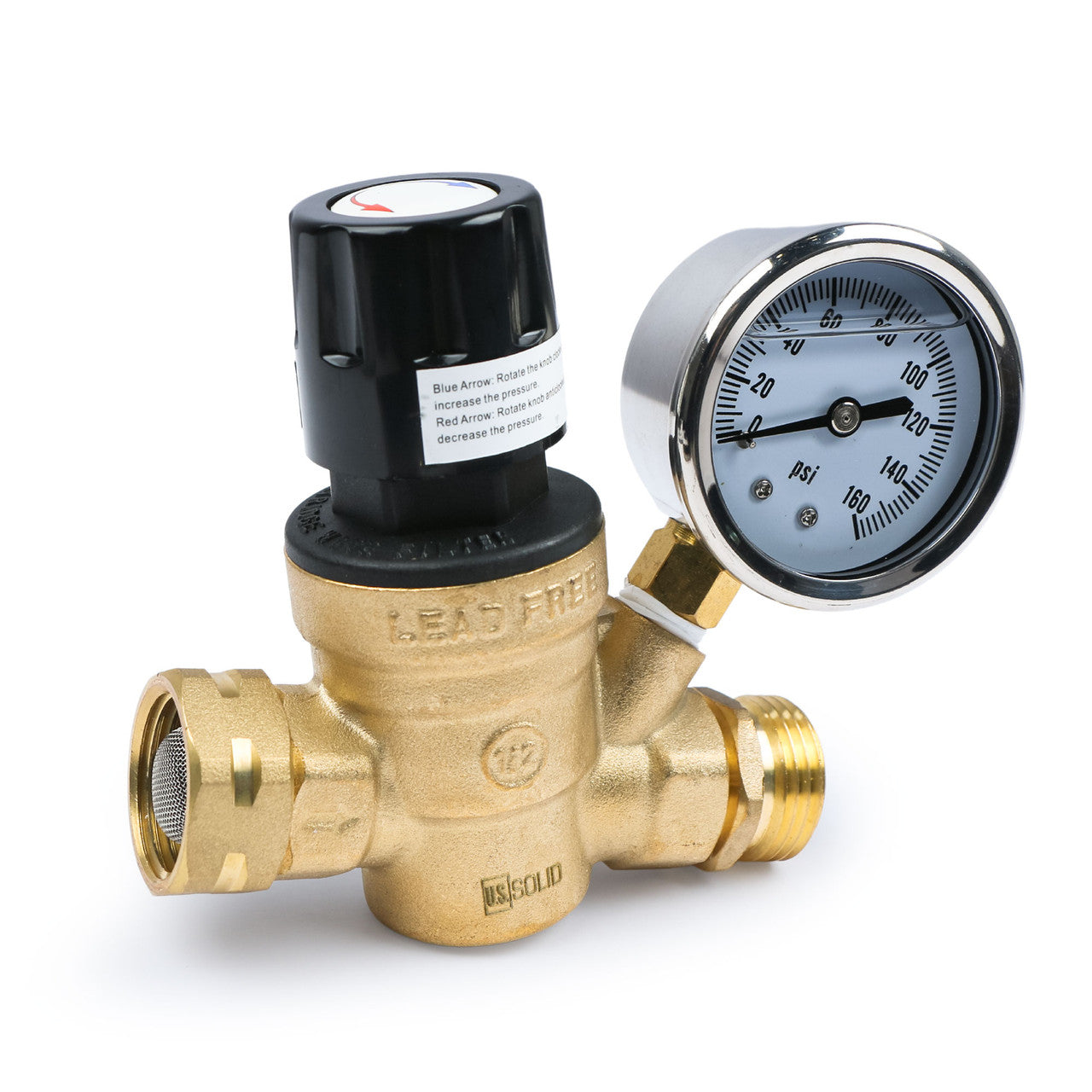 U.S. Solid Water Regulator Valve- 3/4" NH Brass Thread RV Pressure Regulator with Pressure Gauge and Water Filter