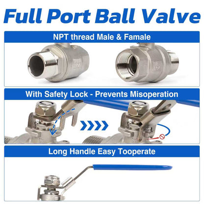1/2" Ball Valve, Pack of 2 – Male x Female 316 Stainless Steel Heavy Duty, 1000WOG, Full Port with Anti-Misoperation Lock
