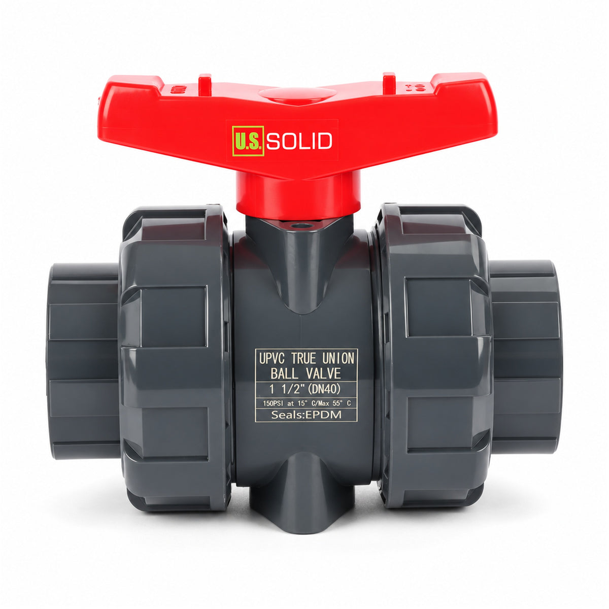 Válvula de esfera de união verdadeira em PVC de 1-1/2", passagem plena, encaixe deslizante, compatível com Schedule 40 e 80, 150 psi, sede em PTFE, anel de vedação em EPDM, pacote com 2 unidades