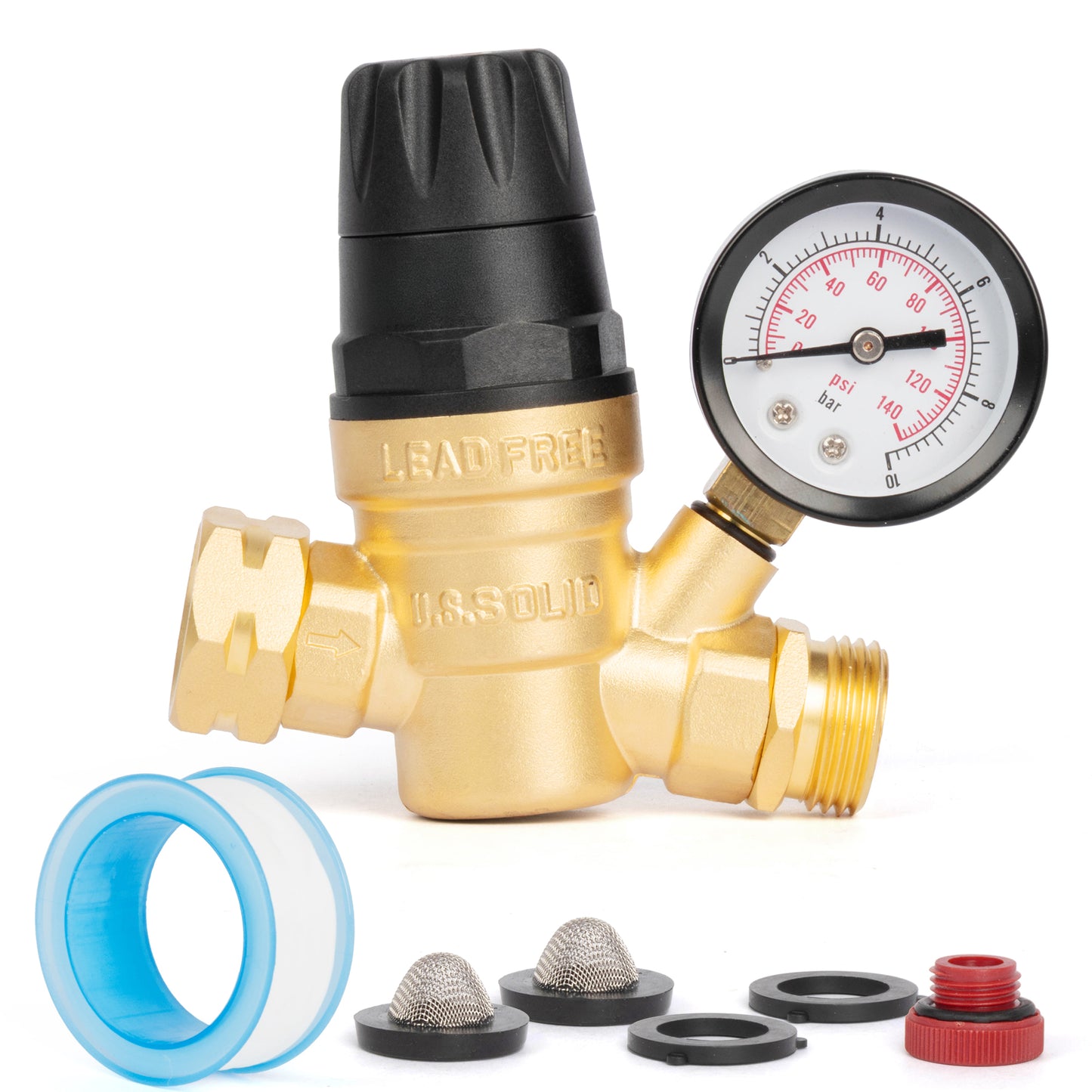 3/4" GHT RV Water Pressure Regulator - Hand Adjustable, Brass, with Gauge & Filter