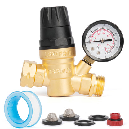 3/4" GHT RV Water Pressure Regulator - Hand Adjustable, Brass, with Gauge & Filter