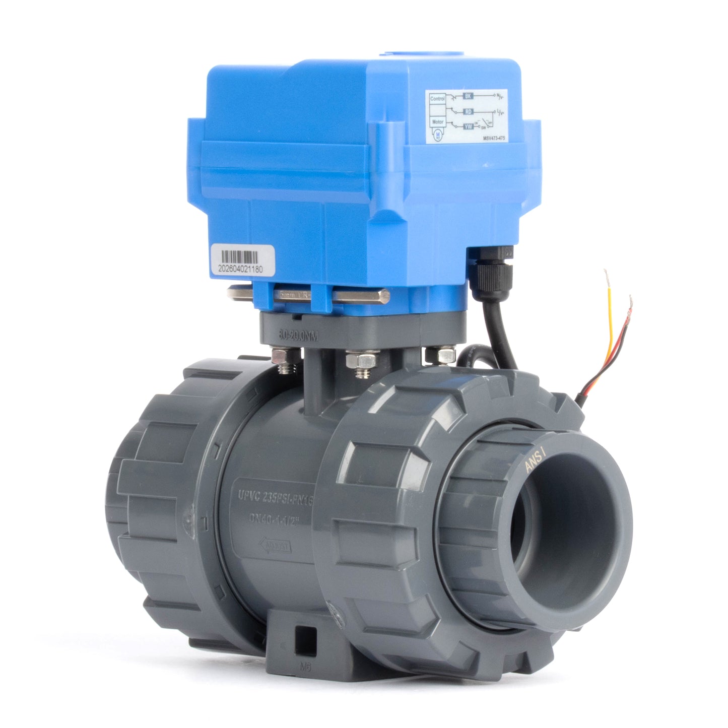 Válvula de bola motorizada de UPVC de doble unión de 1-1/2" - 24 V CC, control único de 3 cables, con anulación manual y sello de EPDM.