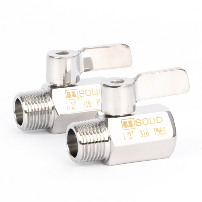 1/2" minikugleventil 304 rustfrit stål hun × han NPT gevind 2 stk.
