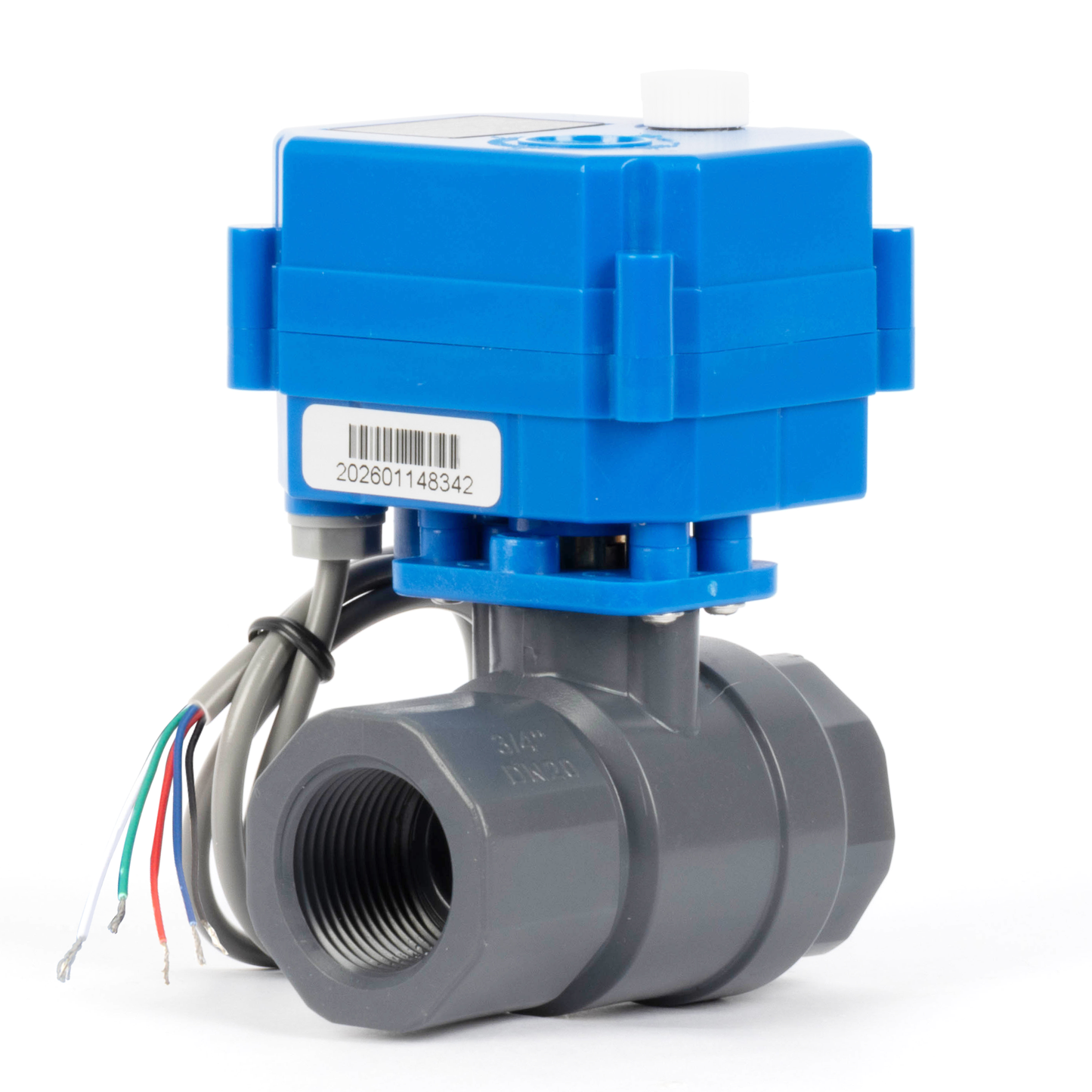 3/4" UPVC Motorized Ball Valve - 5-Wire (2 Wire Reverse Polarity with Signal Feedback), with Manual Function, 9-36V DC