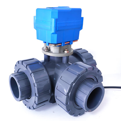 1-1/4" UPVC 3-Way Motorized Ball Valve (T2 Type), 5 Wire with Signal Feedback, Union & Socket End, DC 24V, with Manual Override