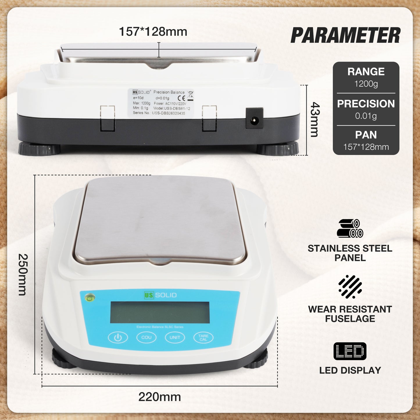 U.S. Solid 1200 g / 0.01 g Electronic Fabric GSM Scale with a 0-3mm Disc Sampler