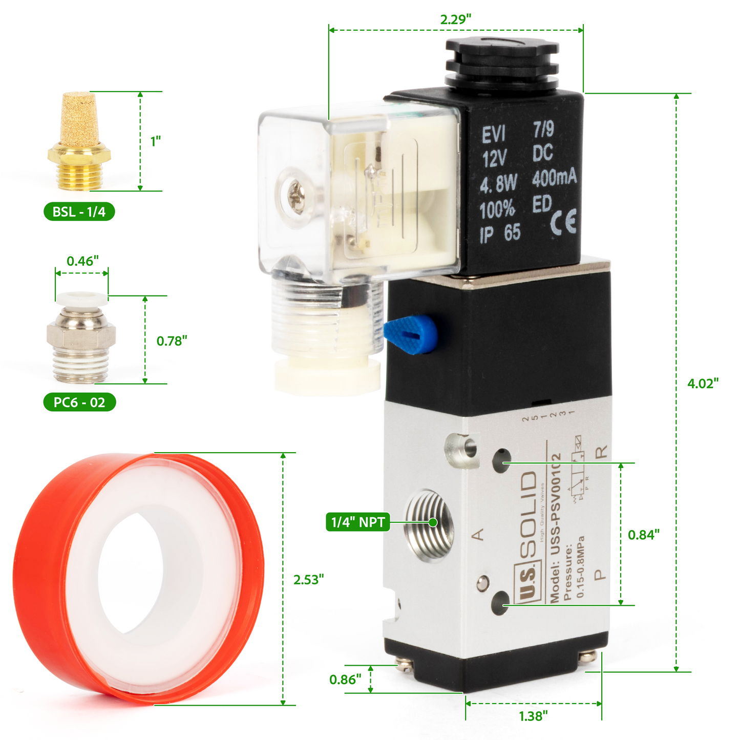 U.S. Solid 1/4인치 3방향 2위치 공압 솔레노이드 밸브, DC 12V, 상시 닫힘, 부속품 및 소음기 포함