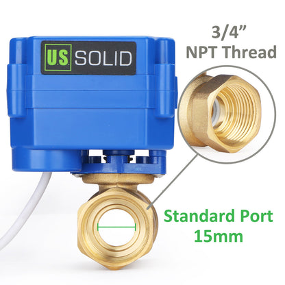 Válvula de bola motorizada sólida estadounidense: válvula de bola eléctrica de latón de 3/4" con puerto estándar, 9-24 V CC, configuración de 5 cables 