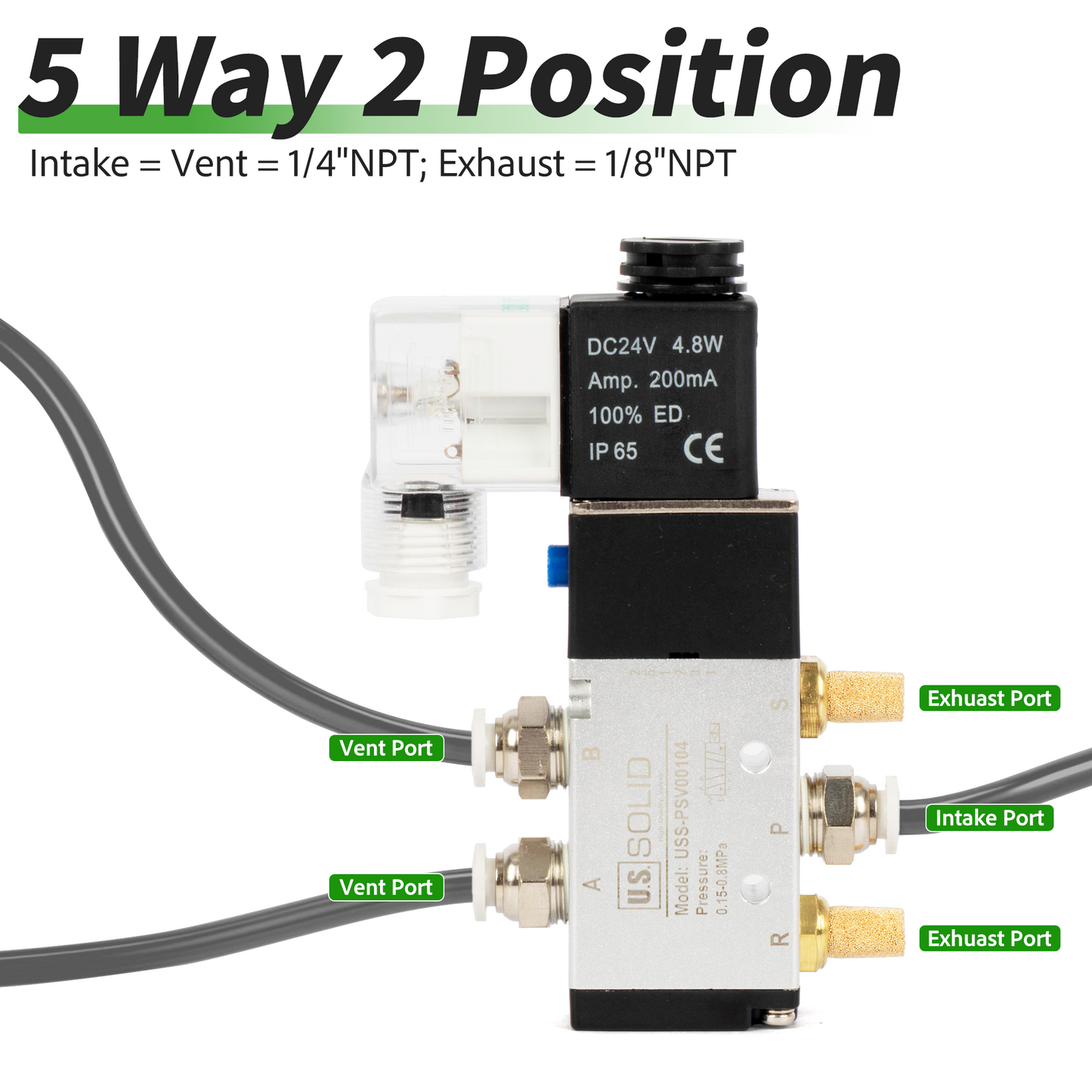 U.S. Solid 1/4인치 5방향 2위치 공압 솔레노이드 밸브, DC 24V, 상시 닫힘, 부속품 및 소음기 포함