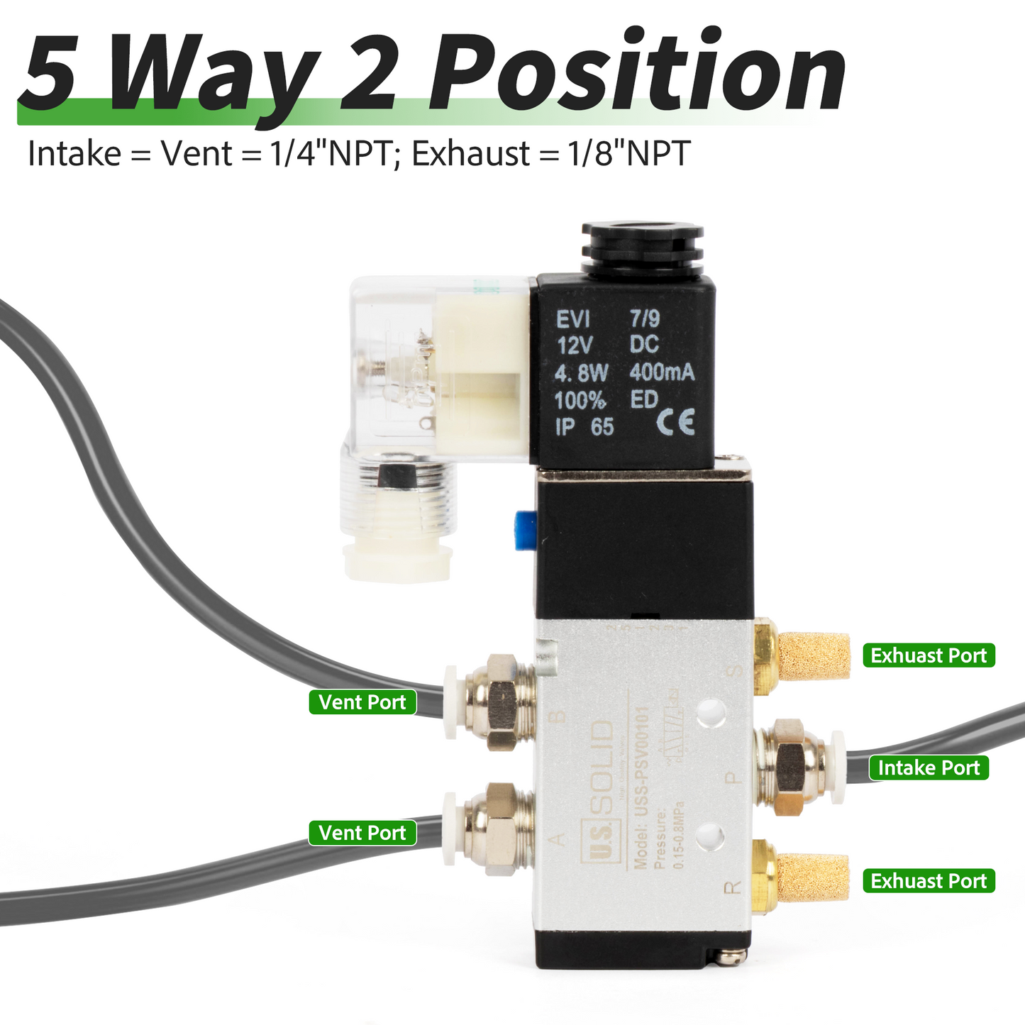 U.S. Solid 1/4인치 5방향 2위치 공압 솔레노이드 밸브, DC 12V, 상시 닫힘, 부속품 및 소음기 포함