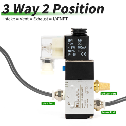 U.S. Solid 1/4인치 3방향 2위치 공압 솔레노이드 밸브, DC 12V, 상시 닫힘, 부속품 및 소음기 포함