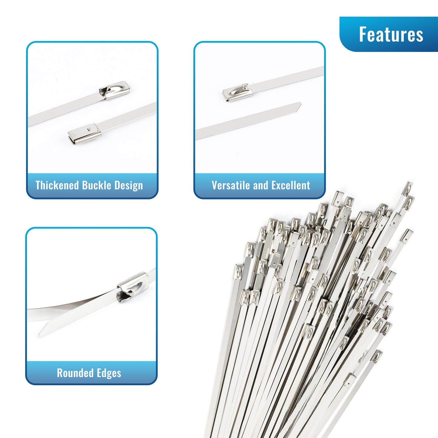 100 pcs Metal Zip 304 Stainless Steel Cable Ties - 5.91/7.87/9.84/11.81/13.78/15.75/19.69 inches Long