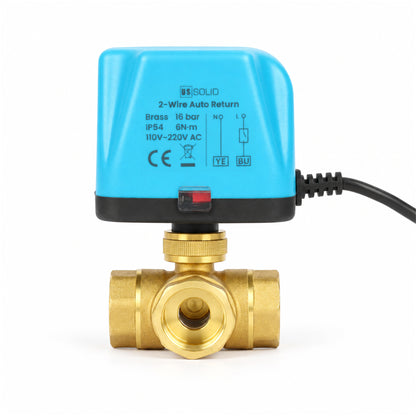 Injap Bola Bermotor Loyang 3/4", AC 110/220 V, Jenis-T 3 Hala, Pulangan Automatik 2 Wayar, 16 bar, Port Stardard