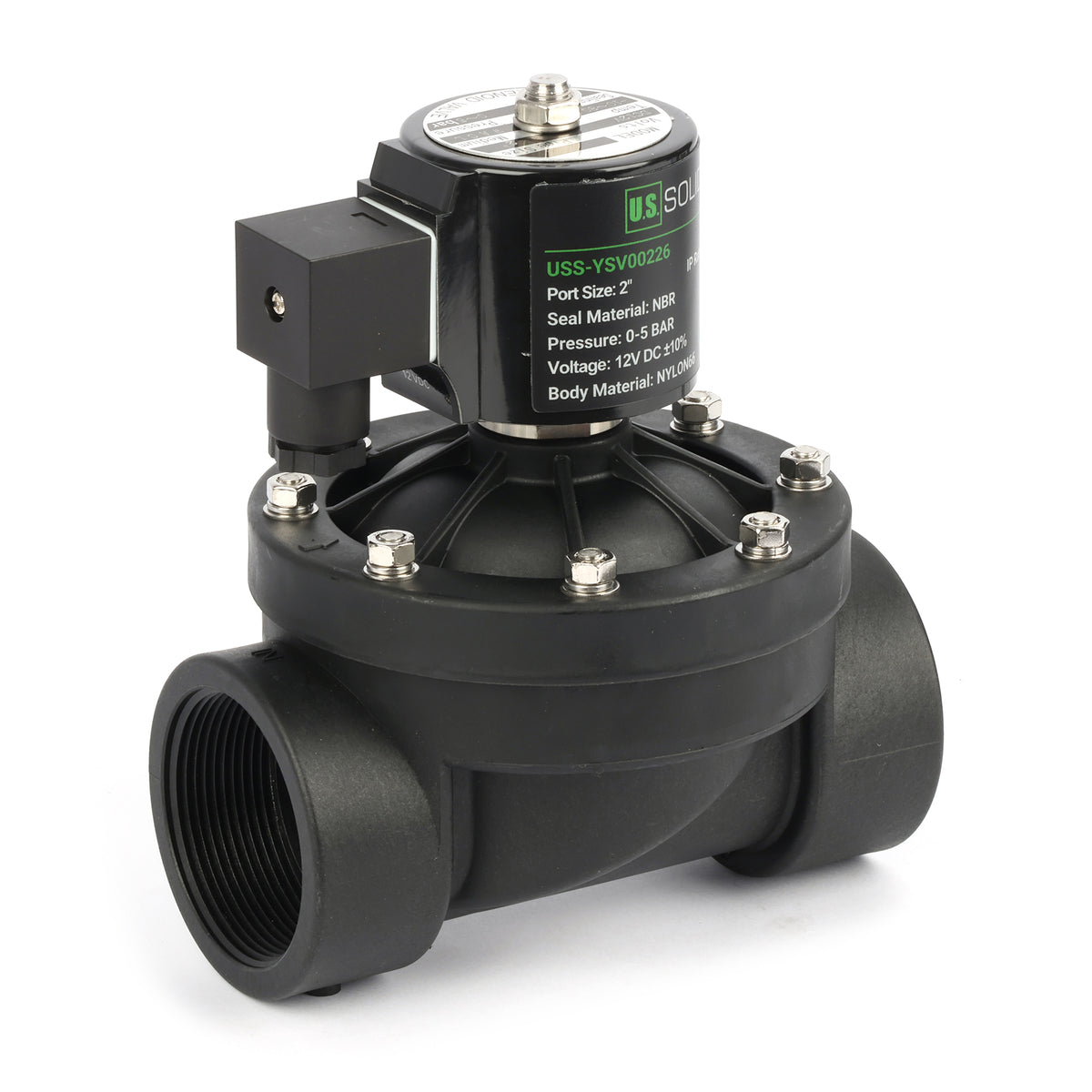 2" plastik PA66 magnetventil 12V DC, 0-5 bar, normalt lukket, NBR-tætning til vand og luft