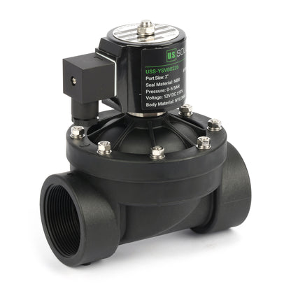 2" plastik PA66 magnetventil 12V DC, 0-5 bar, normalt lukket, NBR-tætning til vand og luft