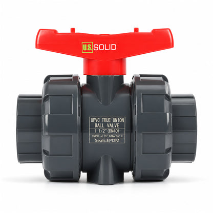 Válvula de esfera de união verdadeira em PVC de 1-1/2", passagem plena, encaixe deslizante, compatível com Schedule 40 e 80, 150 psi, sede em PTFE, anel de vedação em EPDM, pacote com 2 unidades