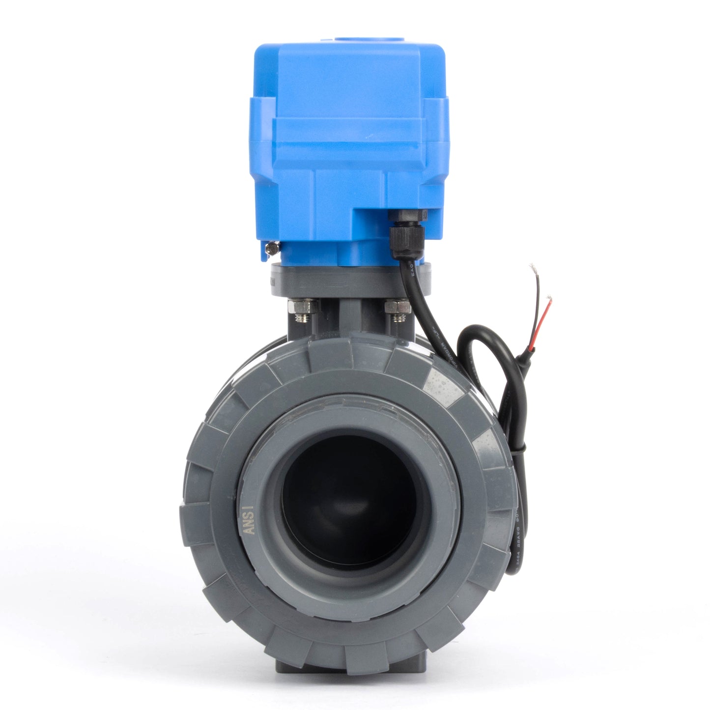 2" dobbelunion UPVC motorisert kuleventil - DC 24V, 2-leders automatisk retur, normalt lukket med manuell overstyring og EPDM-tetning